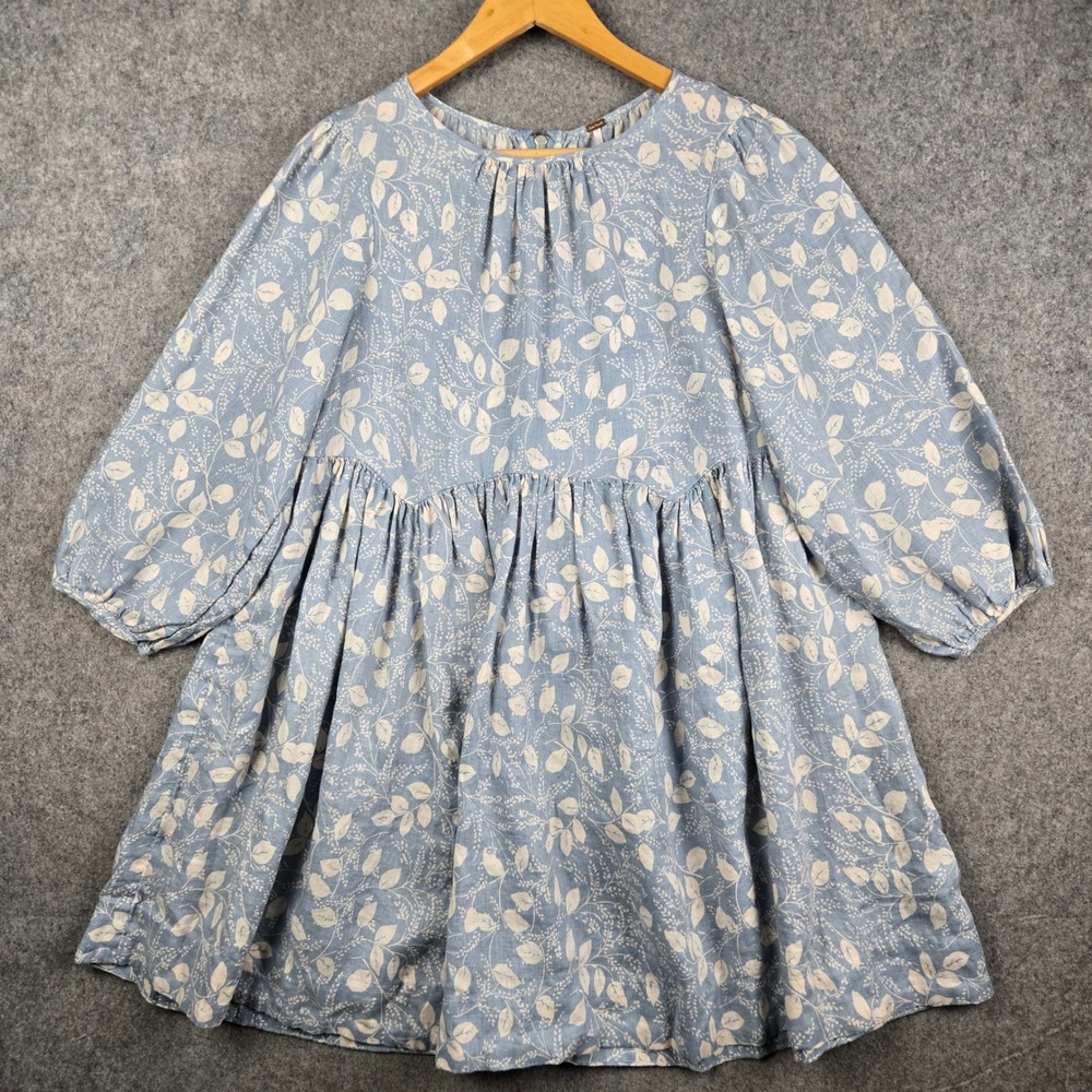 Free People Dress Womens Small Blue Floral Linen Babydoll Mini Boho Cottagecore